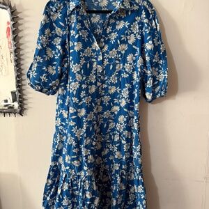 Zara Collared Floral Midi Dress Blue & White-Large